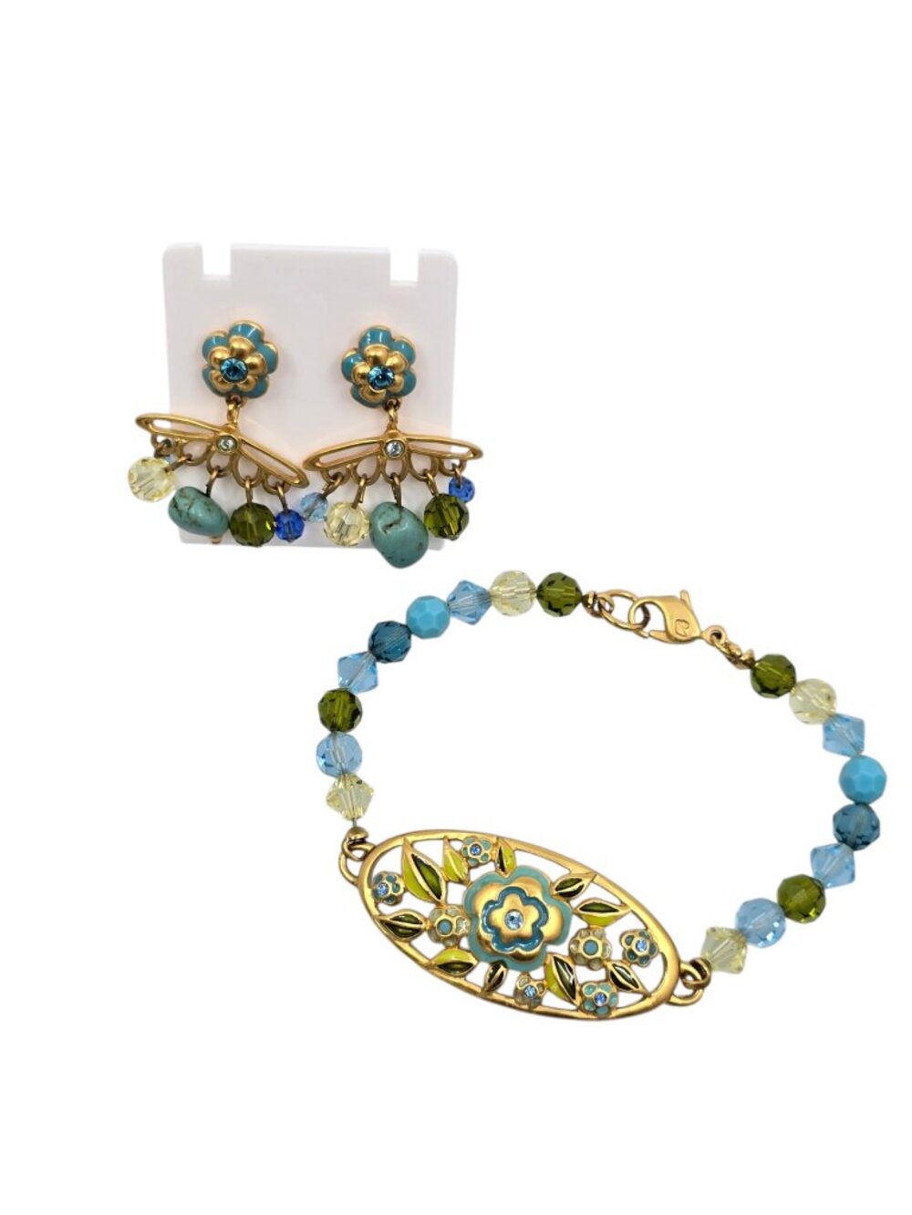 Swarovski Gold Blue Green Floral Crystal Dangle Stud Earrings & Bracelet Set